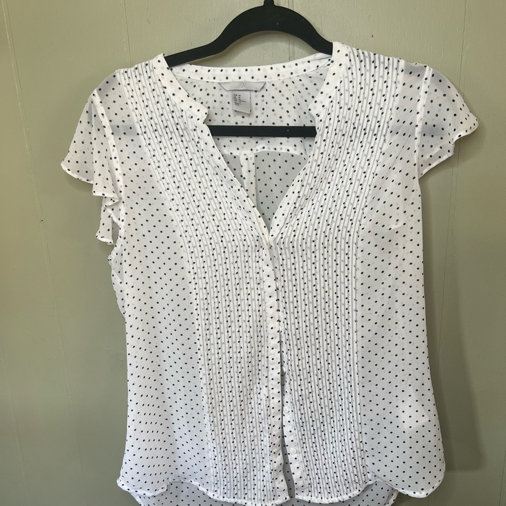 H&M Women’s US Size 10 Polka Dot White Button Down Blouse with Black Dots